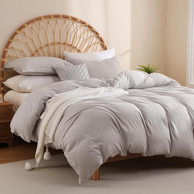 JSD Light Grey Duvet Cover Set Queen Size, 3 Piece Duvet Cover - Image 6