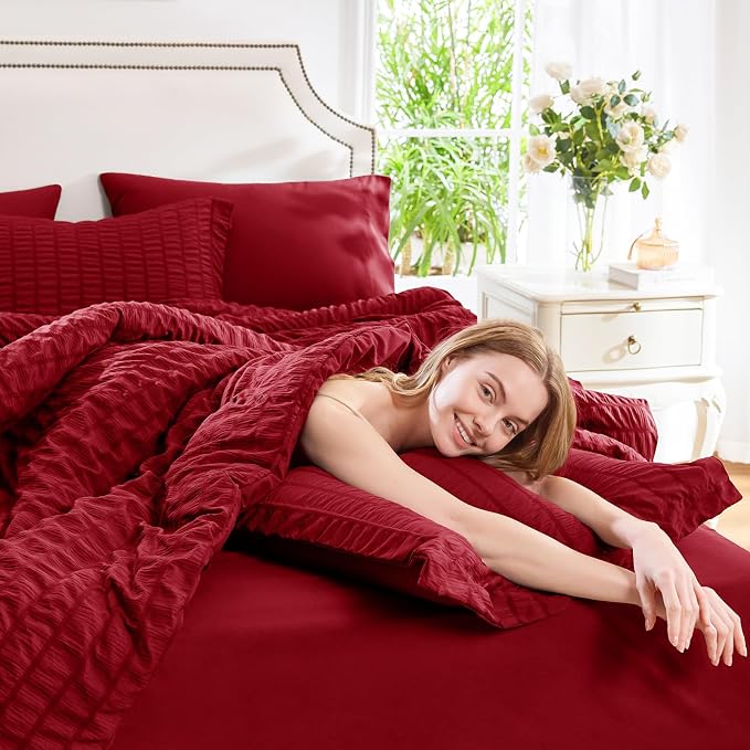 CozyLux Oversized Queen Comforter Set Dark Red Seersucker 7 Pieces 98x98 Bed in - Image 5