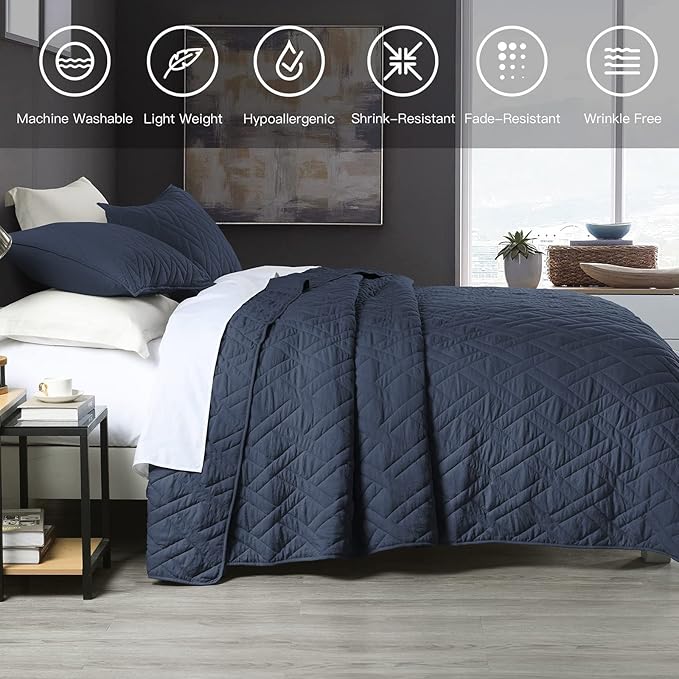 HORIMOTE HOME Quilt Set King Size Navy Blue, Classic Geometric Diamond Stitched - Image 6