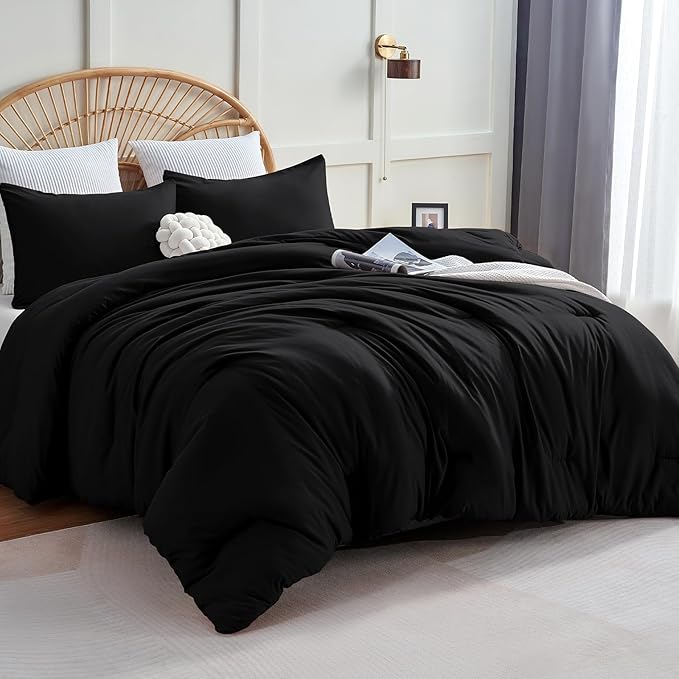 CozyLux Queen Comforter Set Black, 3 Pieces Solid Comforters Queen Size by CozyLux