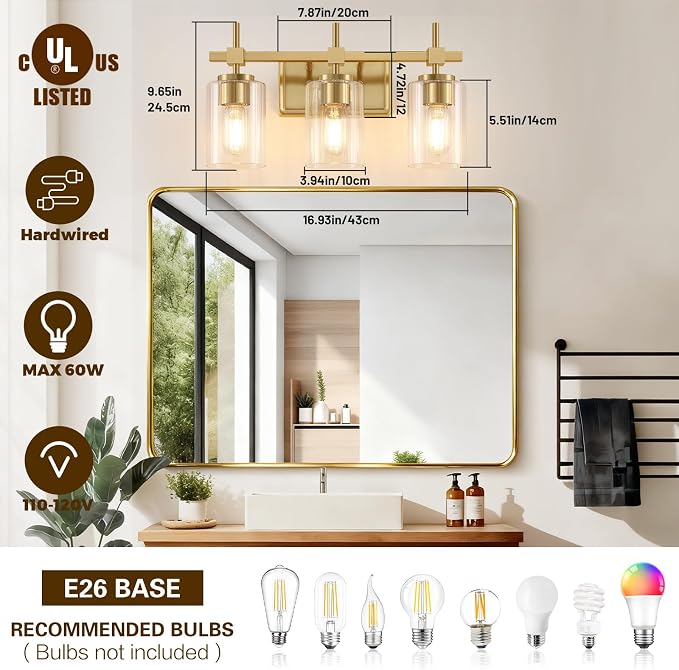 Asnxcju 3-Light Brushed Gold Bathroom Light Fixtures, Modern Gold Vanity Lights - Image 2