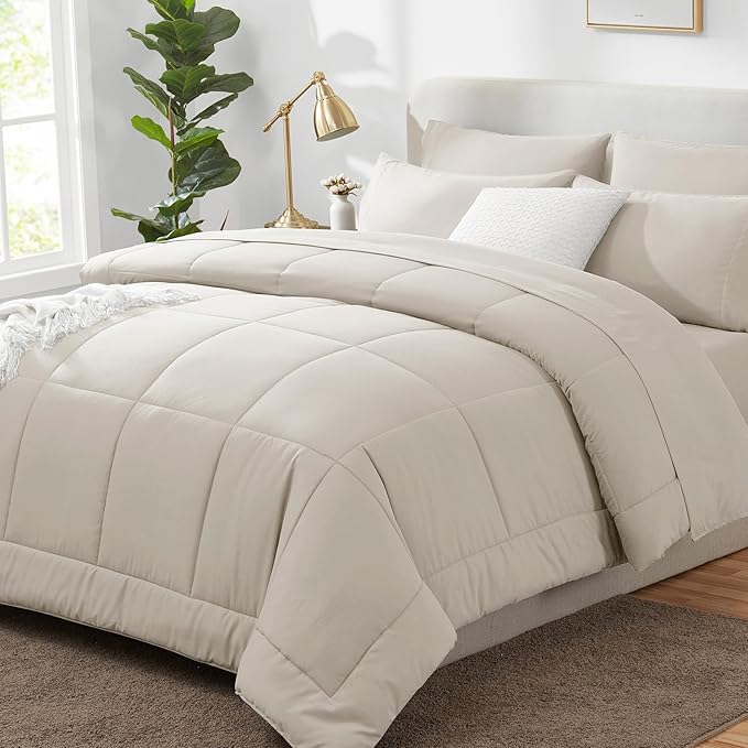 CozyLux Queen Comforter Set Beige, 7 Pieces Bed in a Bag, All Season Bedding by CozyLux