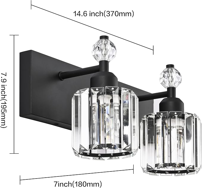 PRESDE 2-Light Crystal Bathroom Lights Fixtures Modern Matte Black Wall - Image 4