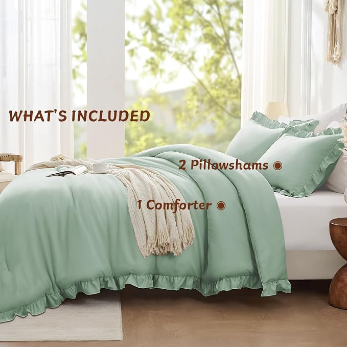 FUANNA King Size Comforter Set Sage Green, 3 Pieces Ruffle King Bedding Set - Image 5