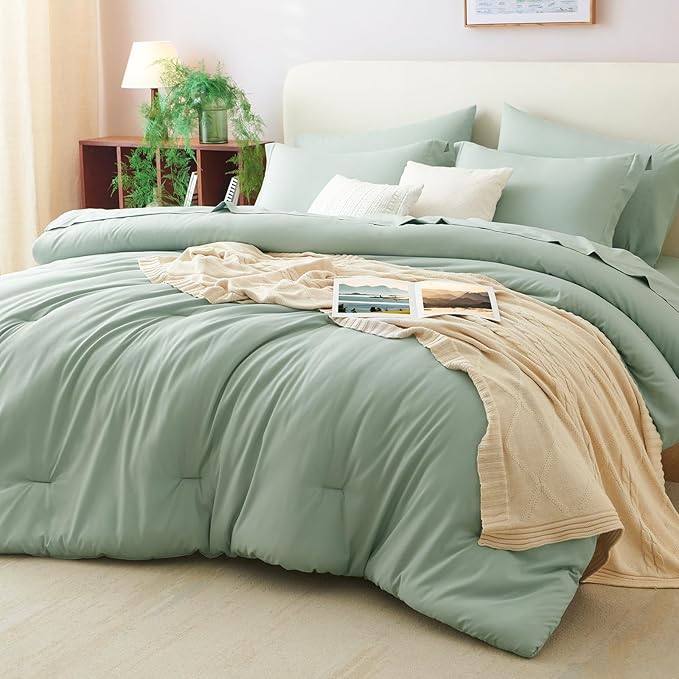 CozyLux Oversized King Comforter Set Sage Green, 7 Pieces Bed in a Bag by CozyLux