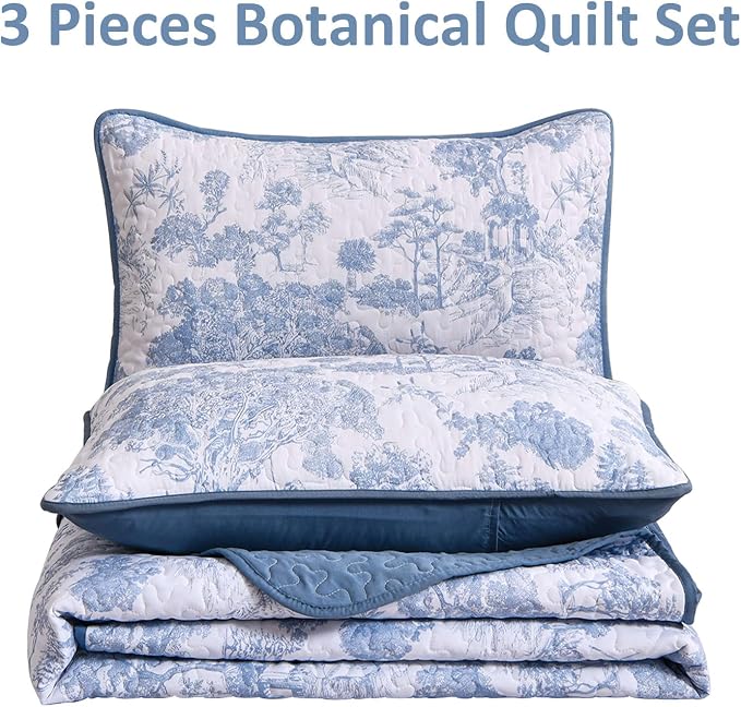 WONGS BEDDING Botanical Quilt Set California King Size, 3 Pieces Blue Toile - Image 5