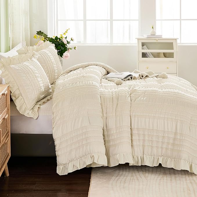 WONGS BEDDING Beige Textured Comforter Set King, 3 Pieces Ruffle Farmhouse - Image 3