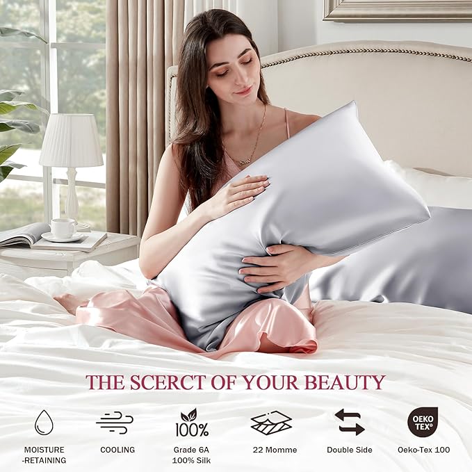 100% Silk Pillow Cases 2 Pack King Size Mulberry Silk Pillowcase Set of 2 - Image 6