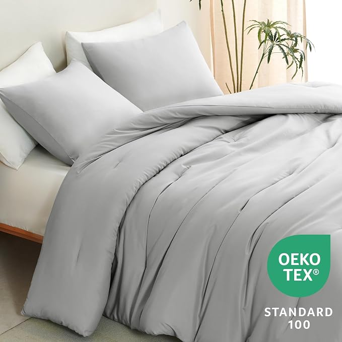 CozyLux King Size Comforter Set Light Grey, 3 Pieces Solid Comforters King Size - Image 4