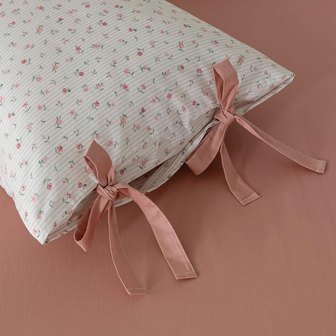mixinni White Flower Pattern Duvet Cover Full Pink Floral Stripes Duvet Cover - Image 7