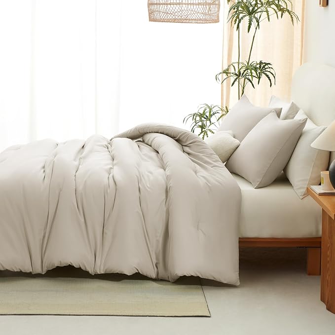 CozyLux King Size Comforter Set Oatmeal, 3 Pieces Solid Comforters King Size - Image 8