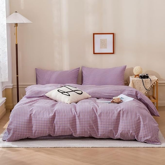 mixinni Purple Gingham Grid Duvet Cover Full, 100% Washed Cotton Modern - Image 2