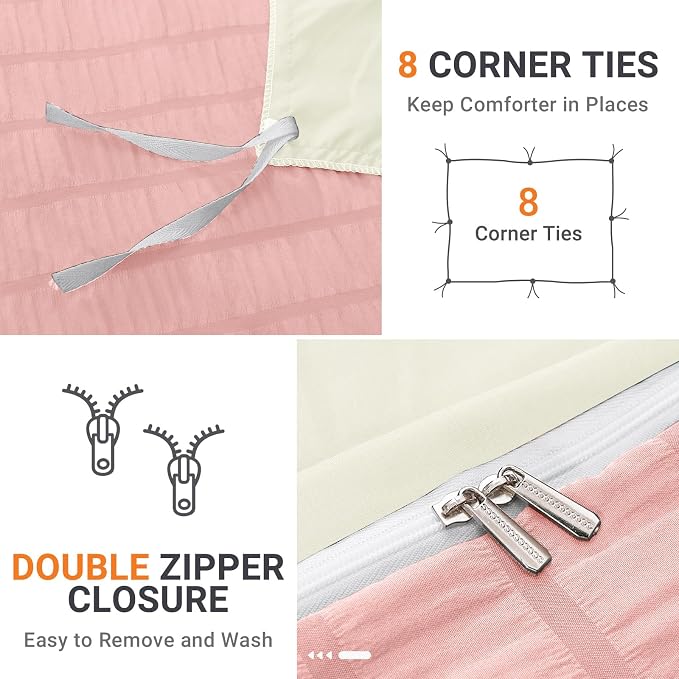 HYMOKEGE Pink/Ivory Duvet Cover King Size, Ultra Soft 3-Piece Seersucker Duvet - Image 5