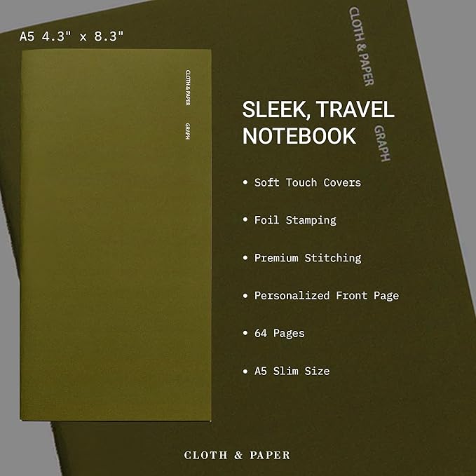 Cloth & Paper Travel Notebook | Graph Notebook – Olive | A5 Slim Grid Paper - Image 3