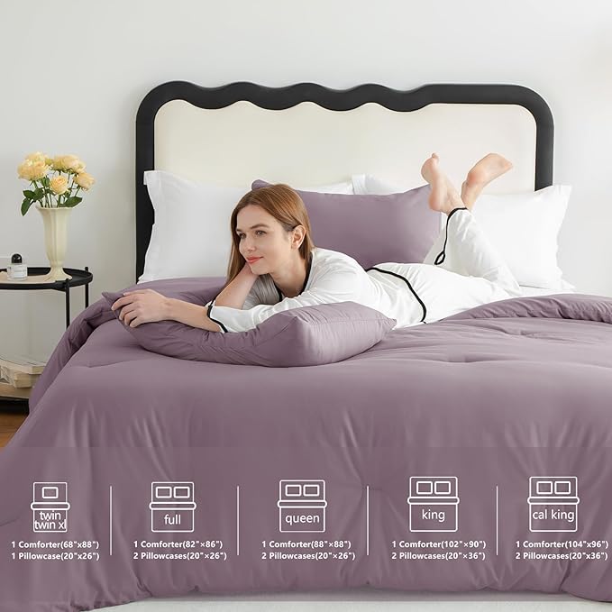 CozyLux King Size Comforter Set Dusty Purple, 3 Pieces Solid Comforters King - Image 6