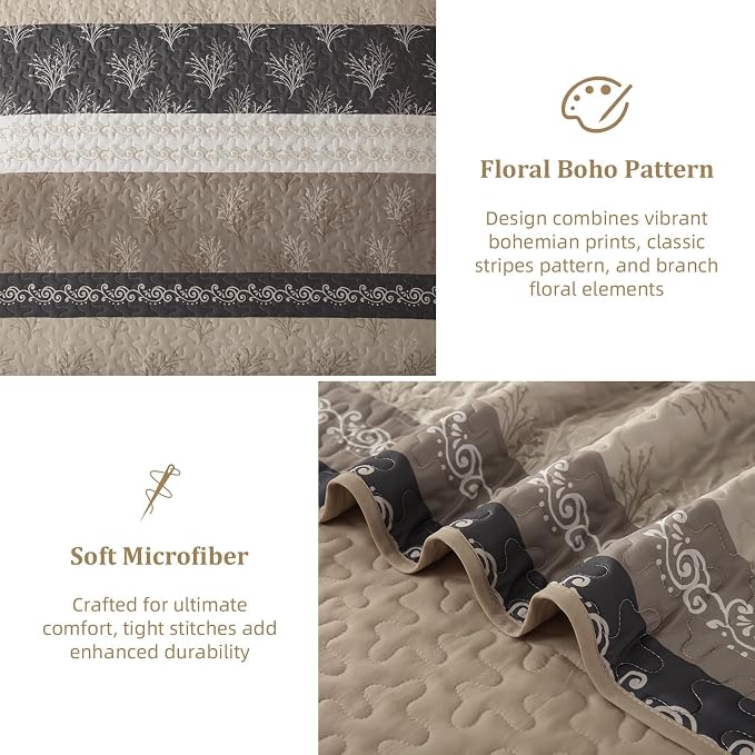 DJY Beige Quilt Set Queen Size Striped Bedspread Coverlet Set 3 Pieces Boho - Image 6