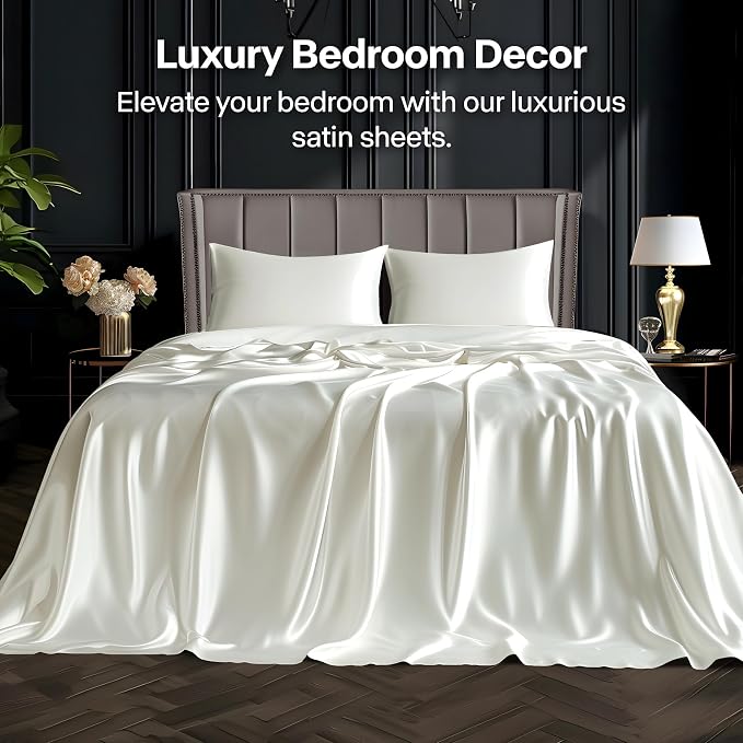 BEDELITE Satin Sheets Queen Size Bed Set, Luxury Soft Ivory White Silky Sheets - Image 2
