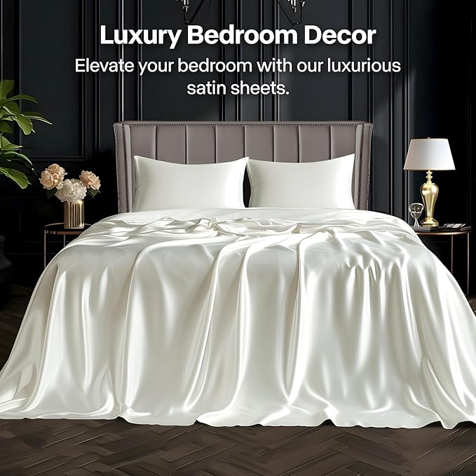 BEDELITE Satin Sheets Full Size Bed Set, Luxury Soft Ivory White Silky Sheet - Image 2