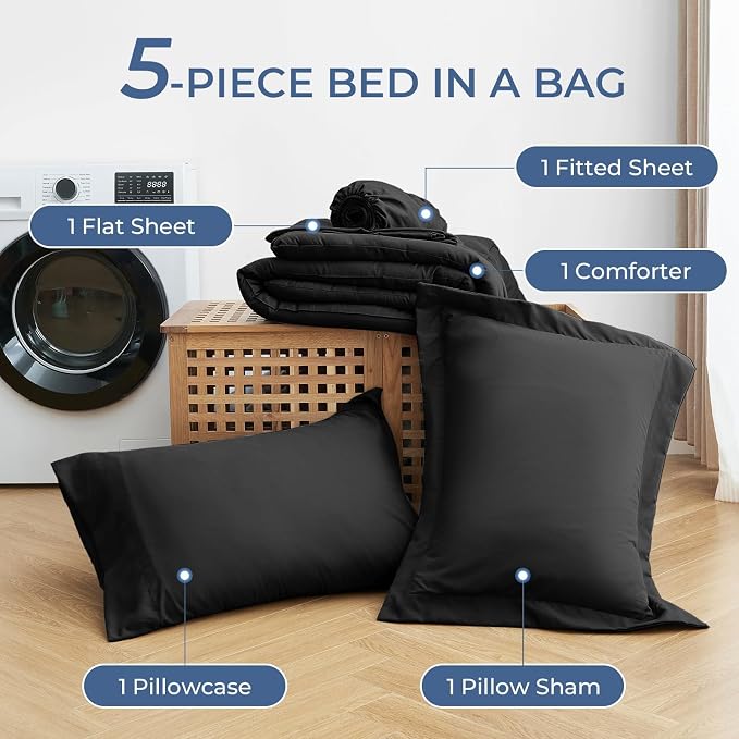 Sasttie Twin Comforter Set Black, 5 Pieces Bed in a Bag Twin, Complete Bedding - Image 4