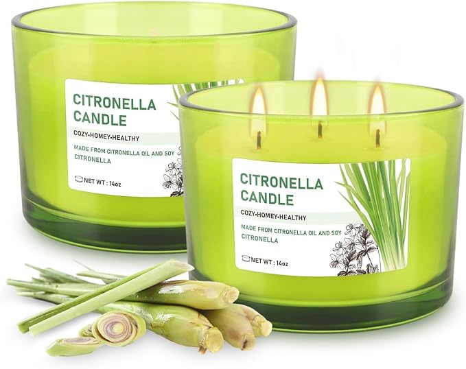 Set of 2 Green Glass Jars Citronella Oil Candles 14oz Smokeless & Outdoor - Image 8