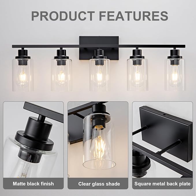 5 Light Bathroom Light Fixtures Black Vanity Light Over Mirror Modern Farmhouse - Image 7