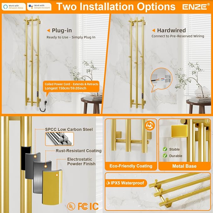 ENZE Smart Heated Towel Rack, Wall Mounted Electric Towel Warmer 220W - Image 8