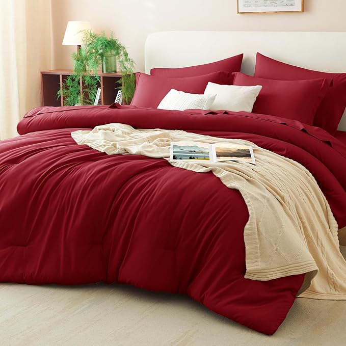 CozyLux Queen Comforter Set Dark Red, 7 Pieces Bed in a Bag Queen Comforter Set by CozyLux