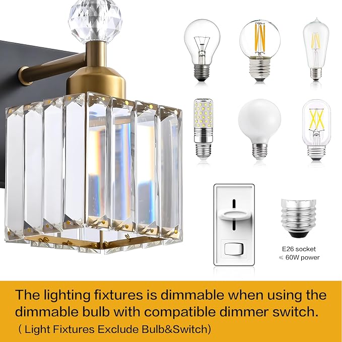PRESDE 3-Light Crystal Bathroom Vanity Lights Black and Gold Bathroom Lights - Image 6