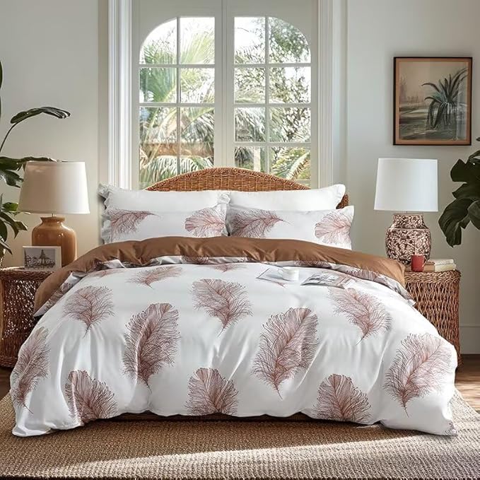 OAITE Duvet Cover Twin Size, Reversible Leaf Brown Duvet Cover Set by OAITE