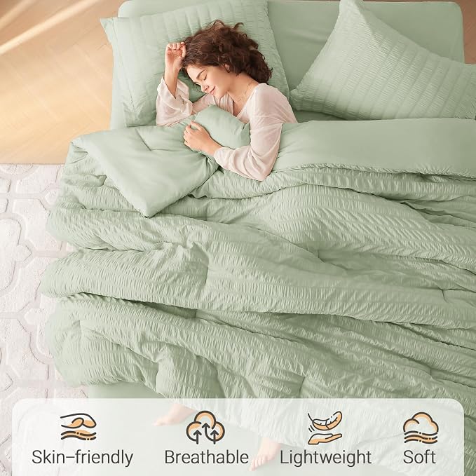 MUXHOMO 7 Pieces King Comforter Set, Seersucker Bed in a Bag King Size - Image 2