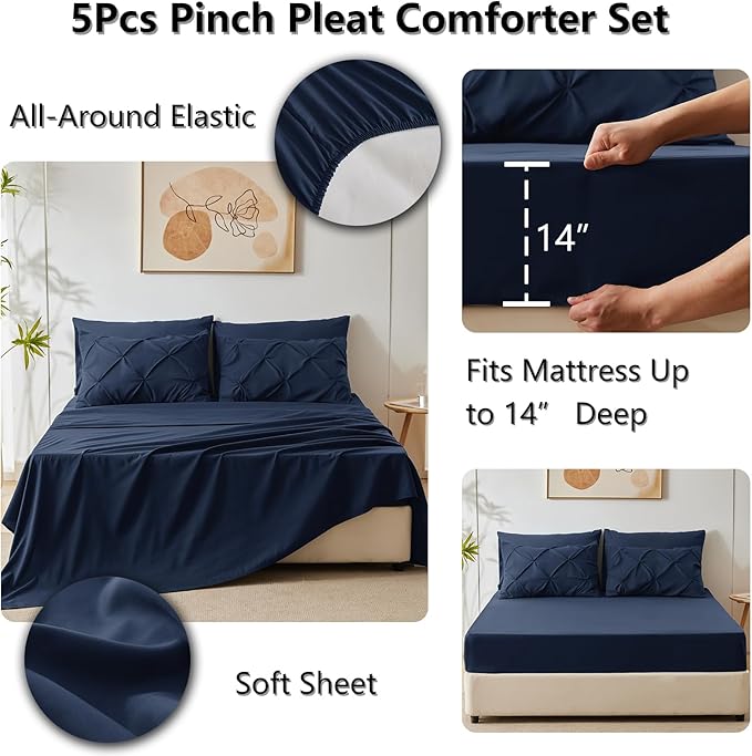 CozyLux Twin XL Comforter Set Navy Blue, 5 Pieces Twin Extra Long Pintuck Bed - Image 6