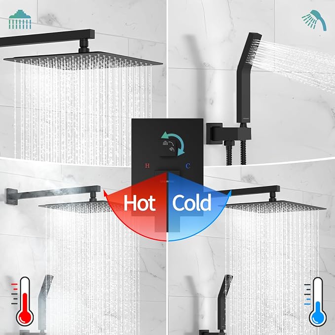 SR SUN RISE 12 Inches Matte Black Shower System 12 Inch Brass Bathroom Luxury - Image 6