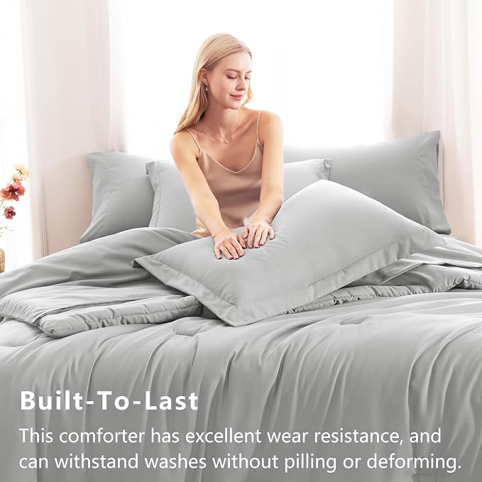 CozyLux King Size Comforter Set Light Grey, 7 Pieces Bed in a Bag King - Image 3