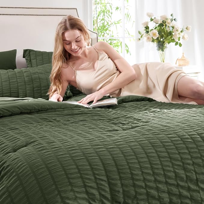 CozyLux Oversized Queen Comforter Set Olive Green Seersucker 7 Pieces 98x98 Bed - Image 3