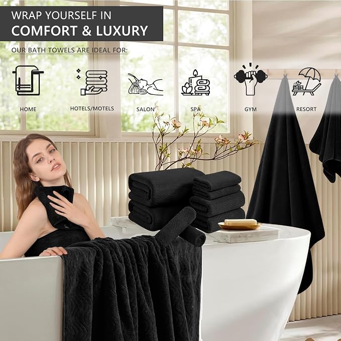 8 Piece Bath Towel Set Black|2 Oversized Large Bath Sheet, 2 Hand Towels - Image 3