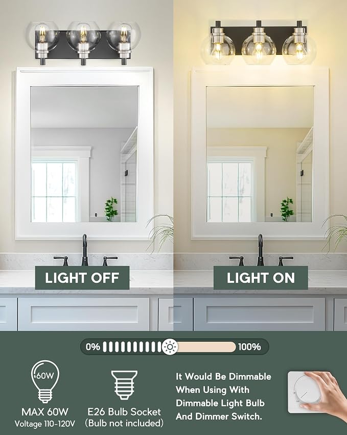 Bathroom Light Fixtures, 3-Light Black and Brushed Nickel Bathroom Vanity Light - Image 4
