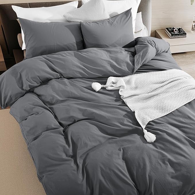NEXHOME PRO Duvet Cover Set 100% Washed Cotton Full Size Linen Feel Textured - Image 7