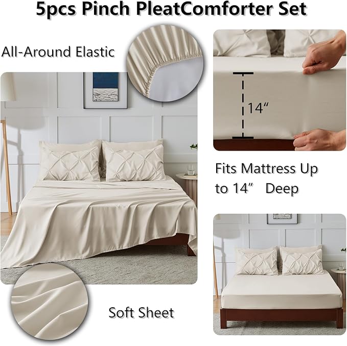 HIMEET Pintuck Bed in a Bag, 5 Pieces Twin XL Comforter Set Beige, Extra Long - Image 6