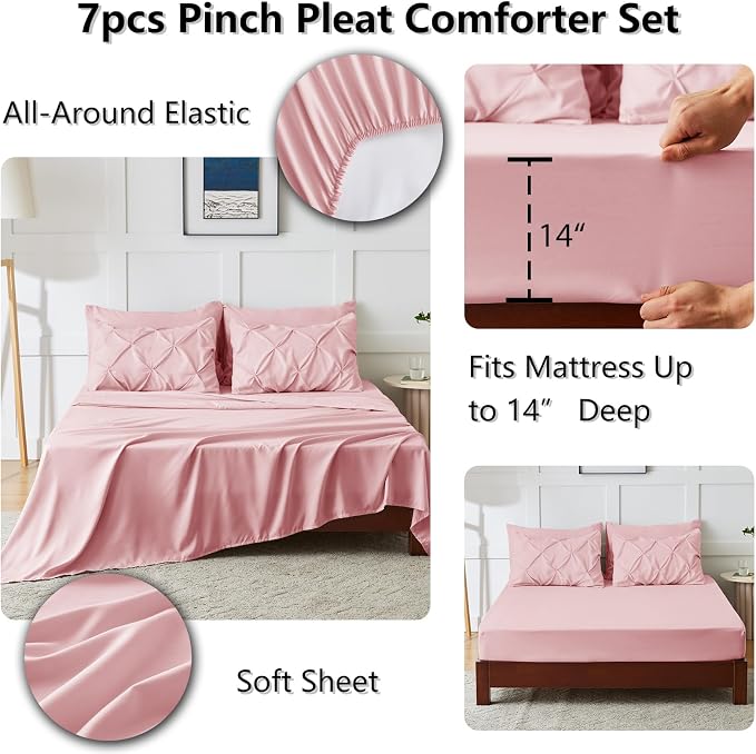 CozyLux King Size Comforter Set Pink, 7 Pieces Pintuck Bed in A Bag Pink - Image 5