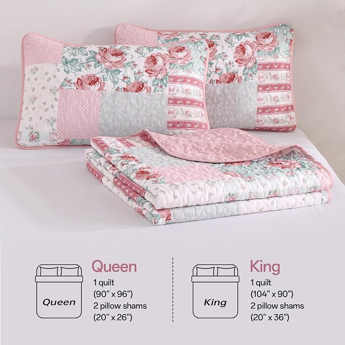 Patchwork Quilt Set Queen Size, 3 Piece Soft Microfiber Reversible Pink Grey - Image 7