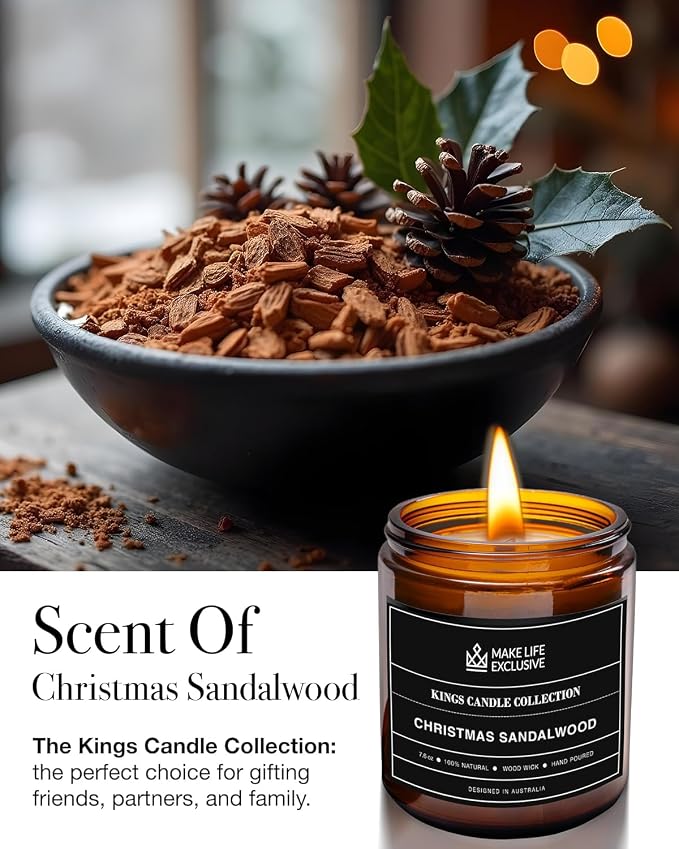 Scented Candles for Men | Christmas Sandalwood | Wooden Wick, Long Lasting - Image 2