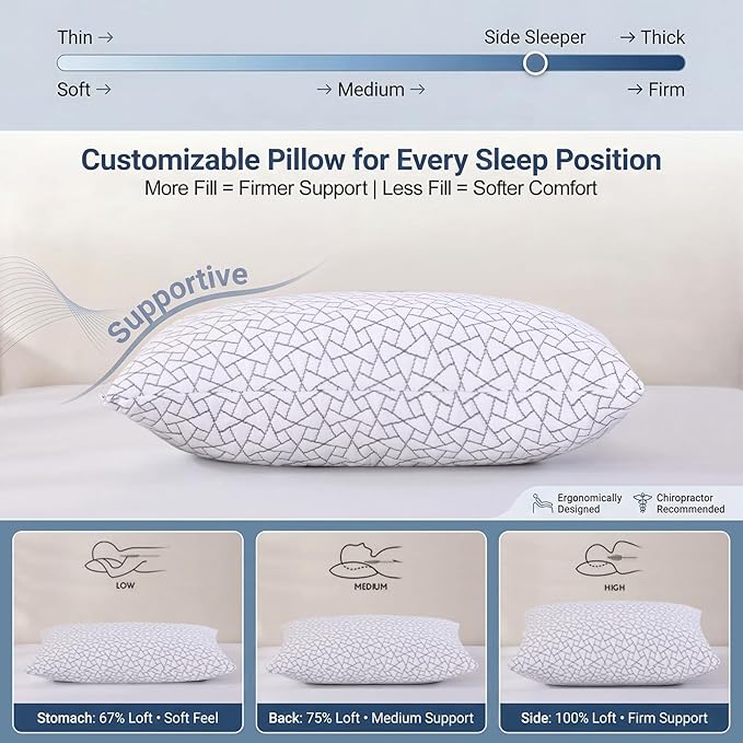Meoflaw Adjustable Memory Foam Pillows: 2 Pack Queen Size Shredded Foam Bed - Image 6