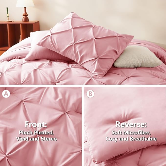HIMEET Pintuck Bed in a Bag, 5 Pieces Twin XL Comforter Set Pink, Extra Long - Image 3
