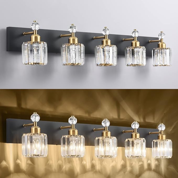 PRESDE 5-Light Crystal Bathroom Vanity Light, Modern Black and Gold Wall Sconce - Image 6