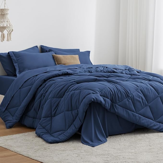 Love's cabin Queen Comforter Set Dark Blue, 7 Pieces Queen Bed in a Bag by Lovescabin