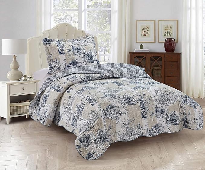 Brilliant Sunshine Blue Toile in Beige and Ivory Patches, 2-Piece Quilt Set by BrilliantSunshine