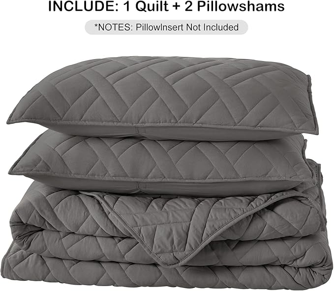 HORIMOTE HOME Quilt Set King Size Grey, Classic Geometric Diamond Stitched - Image 7