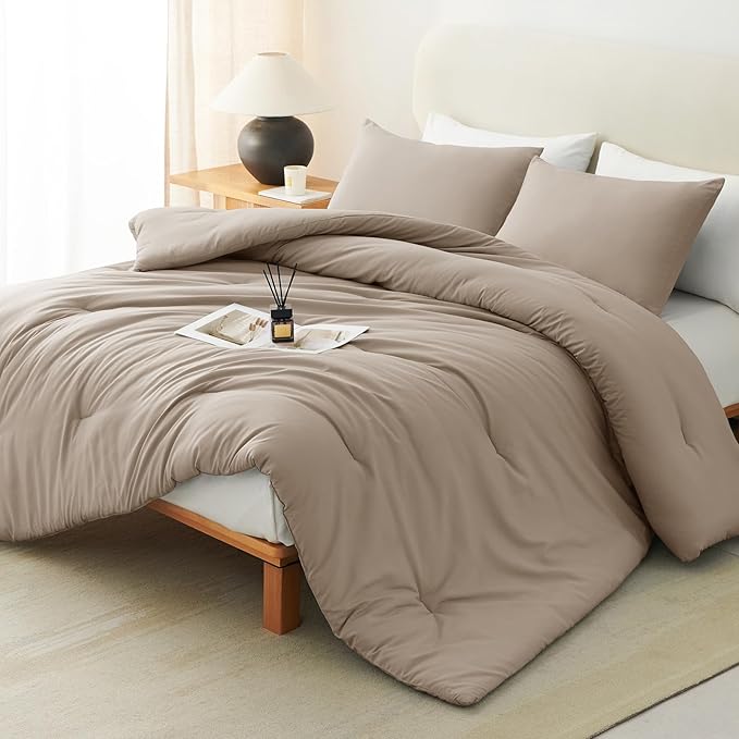 CozyLux King Size Comforter Set Khaki, 3 Pieces Solid Comforters King Size by CozyLux