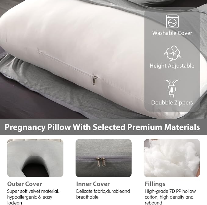 Elover Pregnancy Pillows, U-Shape Full Body Pillow Cooling Cover Dark Grey - Image 7