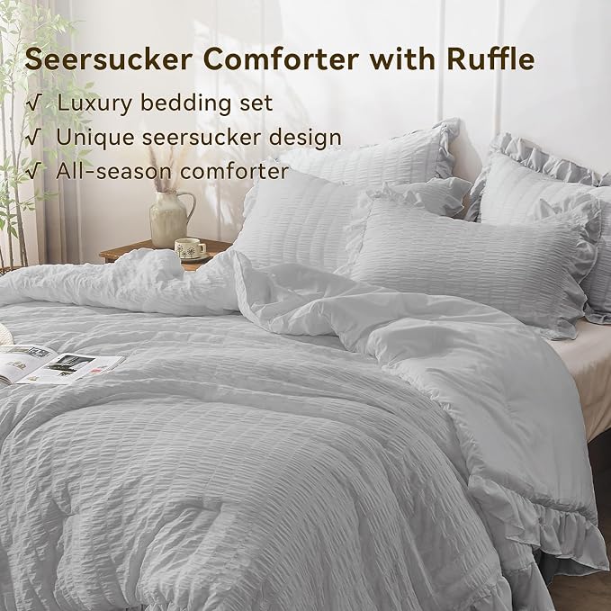 JOLLYVOGUE Light Grey Queen Comforter Set, 3 Pieces Seersucker Comforters Queen - Image 4
